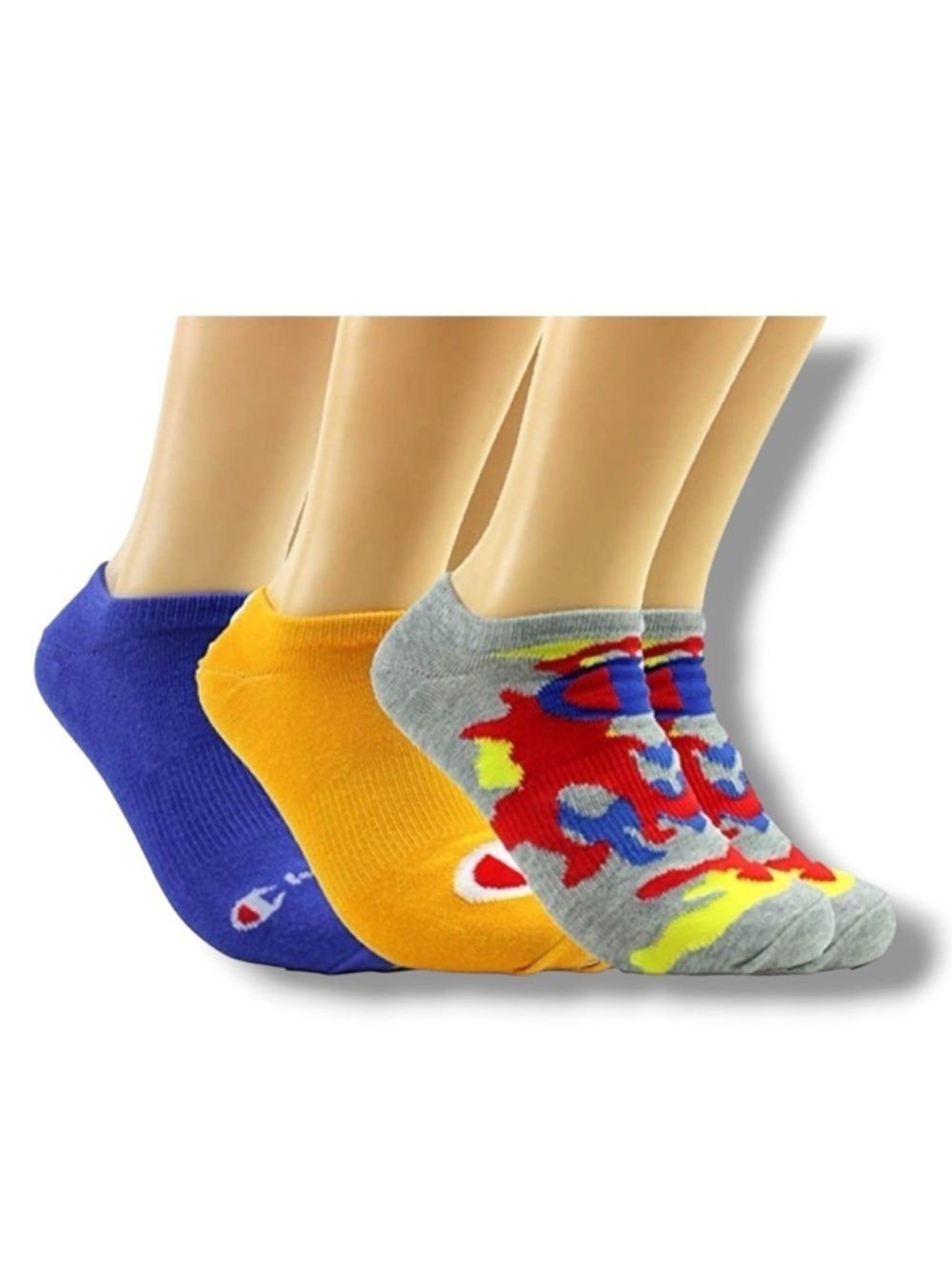 Champion Men's Multi Logo Super No Show Socks 3-Pack Shoe Size 6-12  Multi Color